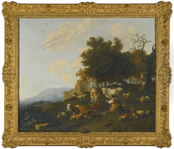 Milkmaids Milking Cattle In A Hilly Landscape With Ruins Beyond - view 1