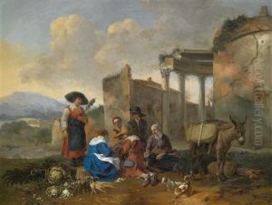 Italianisierende Landschaft Mit Einer Marktszene Vor Ruinen by Hendrick Mommers
