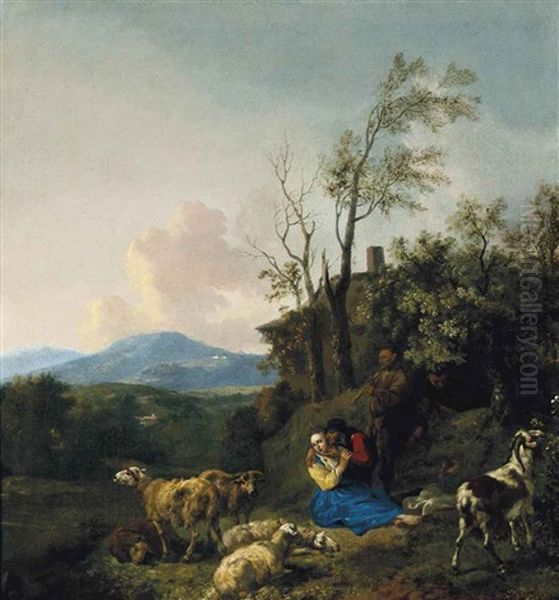 Shepherds And Their Flock In A Wooded Landscape - view 1