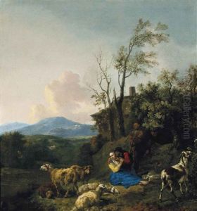 Shepherds And Their Flock In A Wooded Landscape by Hendrick Mommers