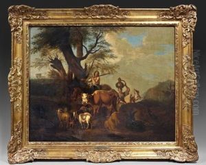 Berger Et Son Troupeau Accompagne D'une Jeune Femme Portant Une Cruche