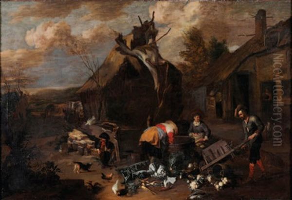 Rural Dwellers Preparing Vegetables In A Farmyard - view 1