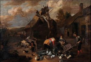 Rural Dwellers Preparing Vegetables In A Farmyard by Hendrick Mommers