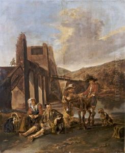 Travelers And Their Animals Resting By A Fortified Bridge Travelers And Their Animals Resting By A Fortified Bridge