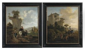 An Italianate Landscape With Village Women Travelling To Market (+ An Italianate Landscape With Villagers And An Ox-cart; Pair) by Hendrick Mommers