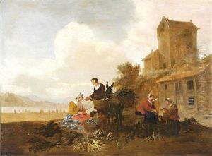 Marktfrauen Mit Gemuse Und Fruchten, Im Hintergrund Ein Fluss Marktfrauen Mit Gemuse Und Fruchten, Im Hintergrund Ein Fluss