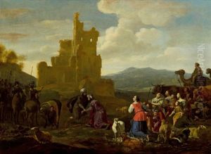 Landschaft Mit Hirten Und Soldaten Vor Einer Burgruine by Hendrick Mommers