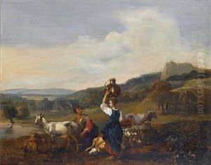 Two Peasant Women With Goats In An Italianate Landscape by Hendrick Mommers