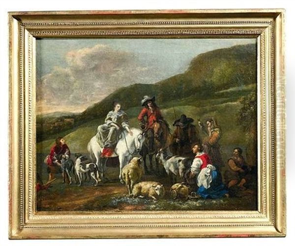 Elegantes Paar Zu Pferd Mit Jagdhunden Im Gesprach Mit Einer Gruppe Von Schafern Und Ihrem Vieh - view 1
