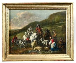 Elegantes Paar Zu Pferd Mit Jagdhunden Im Gesprach Mit Einer Gruppe Von Schafern Und Ihrem Vieh