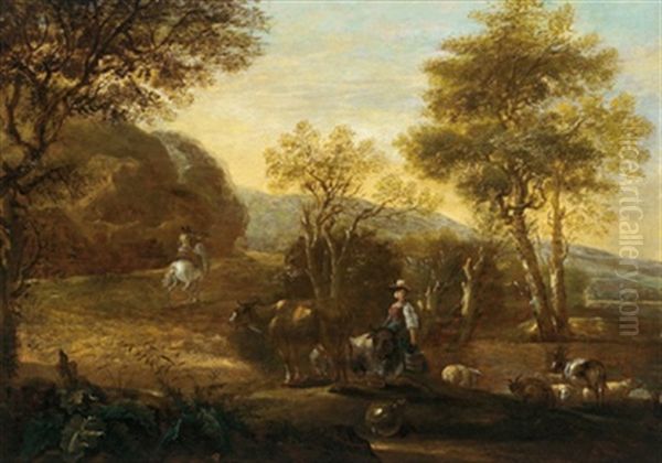 Hirten Mit Ihrer Herde Und Ein Reiter In Einer Weiten Bewaldeten Landschaft - view 1