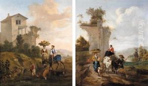 Italianate Landscape With Drovers And Their Animals Carrying Their Produce To Market (+ Another, Similar; Pair) by Hendrick Mommers