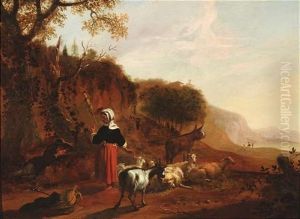Italienische Landschaft Mit Rastendem Hirtenpaar, Schafen, Ziegen Und Eseln