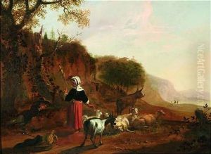 Italienische Landschaft Mit Rastendem Hirtenpaar, Schafen, Ziegen Und Esel