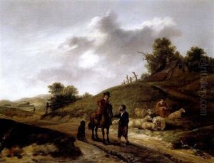 Ein Rastender Reiter Und Hirten In Einer Dunenlandschaft