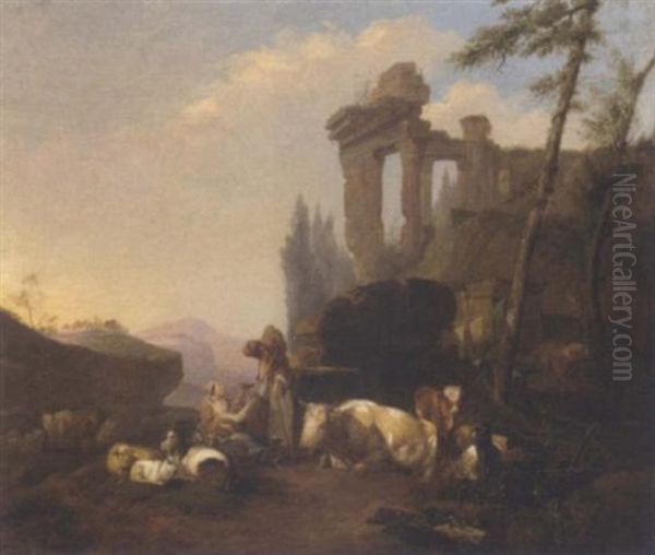A Classical Landscape With A Herdsman And His Family Resting By A Fountain With Their Cattle And Goats - view 1