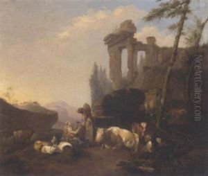 A Classical Landscape With A Herdsman And His Family Resting By A Fountain With Their Cattle And Goats by Hendrick Mommers
