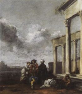 Sudliche Landschaft Mit Diskutierender Figurengruppe Neben Tempelruine