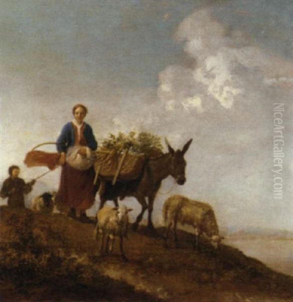 A Shepherd And His Flock With A Girl And Her Donkey In The Foreground - view 1