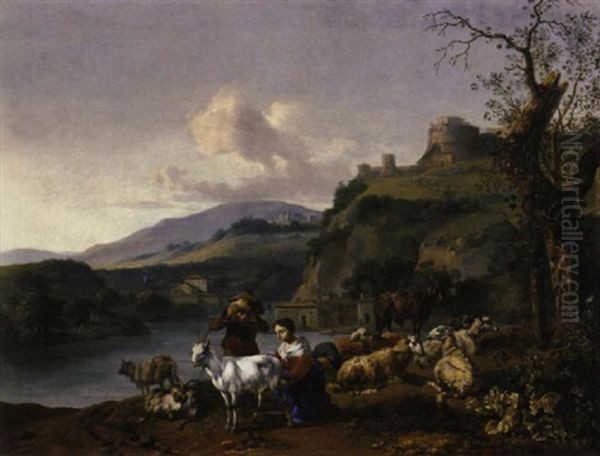 An Italianate River Landscape With A Shepherd And A Shepherdess With Their Flock, A Village Beyond Beneath A Hill With The Mausoleum Of Hadrian - view 1