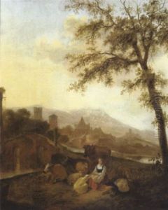 Hirtin Mit Herde In Einer Sudlichen Landschaft by Hendrick Mommers