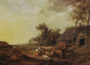 A Landscape With A Maid Milking A Sheep, A Shepherd Watching With Sheep And Cows, A Farm Nearby