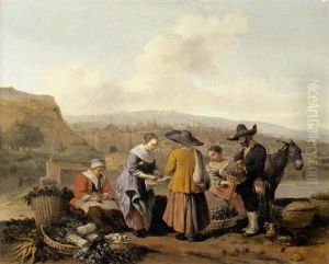 Reunion De Marchands De Legumes Devant Une Ville Hollandaise