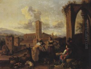 A Vegetable Market With Peasants Trading Near A Ruinous Arch, An Italian Basilica And Mountains Beyond