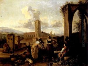 A Vegetable Market With Peasants Trading Near A Ruinious Arch, An Italian Basilica And Mountains Beyond