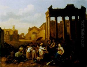 Gemusemarkt Vor Einer Italienischen Stadt Mit Antiken Ruinen by Hendrick Mommers