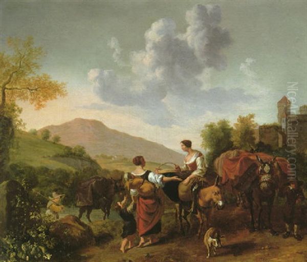 Morning: Two Peasant Women Conversing On A Path With Children And Animals In An Italianate Landscape With A Walled Town And Mountains Beyond - view 1