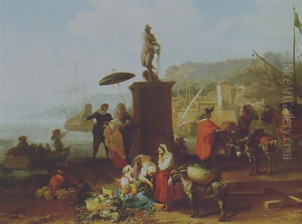 Figures In Italianate Harbor - view 1