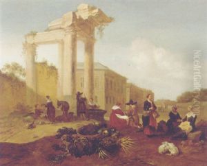 A Market Near A Fountain By A Classical Ruin In An Italian Piazza by Hendrick Mommers