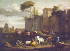 A Drover With Cattle And Sheep Before A Walled Town by Hendrick Mommers