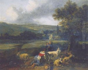 A Milkmaid And A Shepherd By A Tree In An Italianate Landscape by Hendrick Mommers