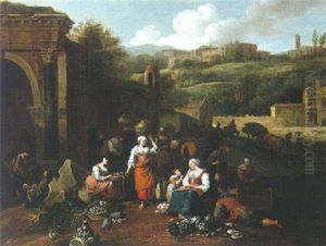 A Classical Landscape With Travellers Resting With Their Market Produce In Front Of Ruins A Classical Landscape With Travellers Resting With Their Market Produce In Front Of Ruins