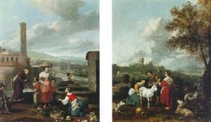 A Monk Buying Vegetables And Meat From A Group Of Women, By A Fountain