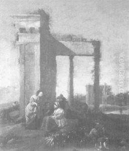 Italienische Landschaft, Gemuseverkauferin Und Kundin Vor Antiker Ruine by Hendrick Mommers