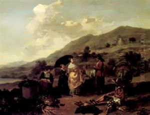 An Italianate Landscape With Travellers On Their Way From Market by Hendrick Mommers