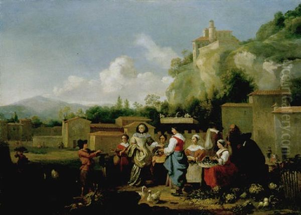 A Market Scene With Vegetable And Poultry Sellers Within A Walled Italianate Town - view 1