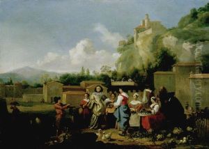A Market Scene With Vegetable And Poultry Sellers Within A Walled Italianate Town