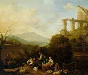 Mountainous Landscape With A Herd And Figures, Ruins Beyond by Hendrick Mommers