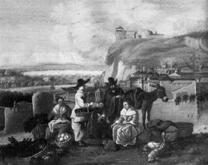 A Fruit And Vegetable Market Outside A Town In An Italianate Landscape by Hendrick Mommers