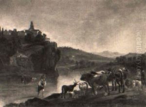 An Italianate River Landscape With Drovers On A Track With A Woman. . . by Hendrick Mommers