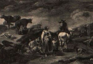 A Stormy Landscape With Travellers And Peasants With Their Flocks