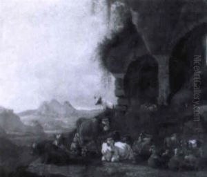 Hirten Mit Kuhen, Ziegen Und Schafen Vor Einer Antiken Ruine