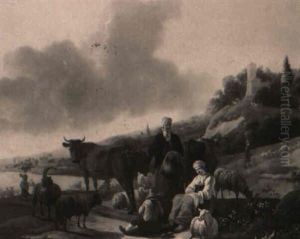 Viehherde Mit Hirten Am Ufer Eines Fluses by Hendrick Mommers