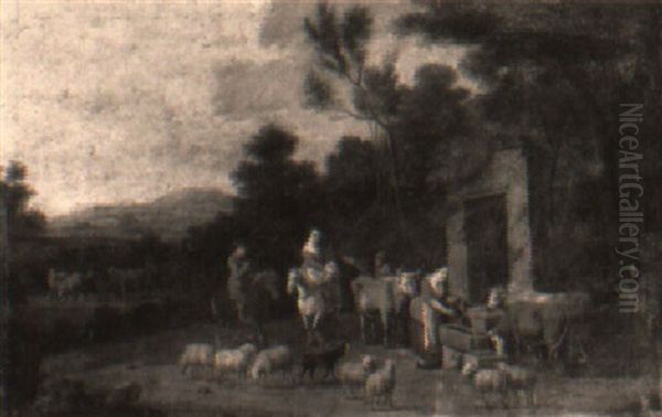 A Wooded Landscape With Drovers And Maids Conversing By A Well - view 1