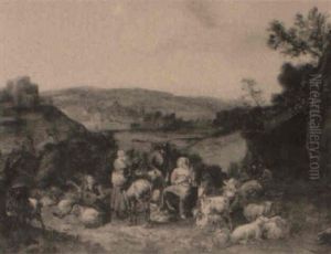 Bauerliche Personengruppe Mit Tieren Vor Weiter Landschaft by Hendrick Mommers