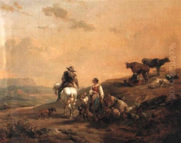 An Italianate Landscape With A Horseman Passing Peasants By A Track - view 1